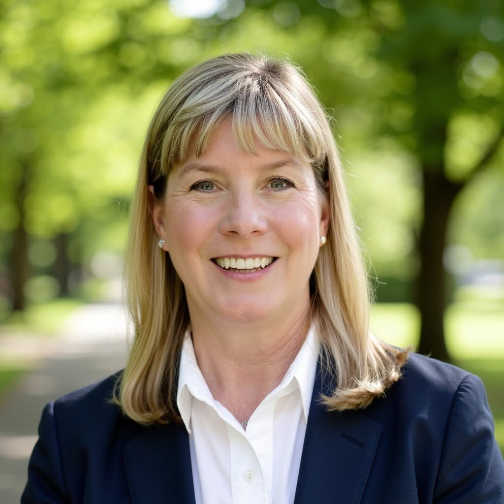 Headshot of a professional woman with blonde shoulder-length hair wearing a navy blazer and white shirt.