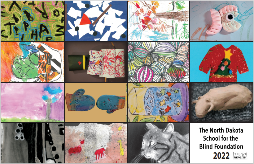 A poster displays the front of the 15 cards that feature artwork made by ND students who are blind or visually impaired.