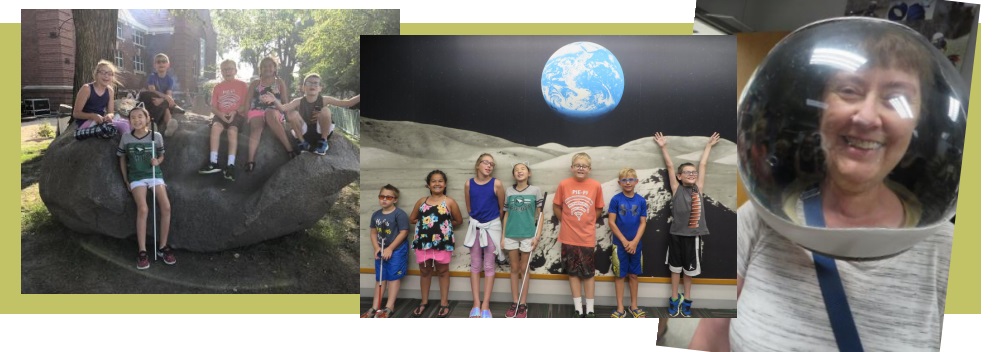 Three images in a line. The first image is six students on a massive rock about the size of a car. The second is students standing in a line with a picture behind them of the view from the Moon's perspective to Earth.  The third is a teacher wearing a Space helmet