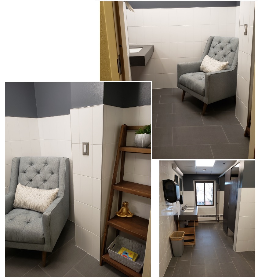 Two Pictures new quiet room has a gray plush chair, sink, and book shelf with knick-knacks and new children's bathroom shows sink and stalls