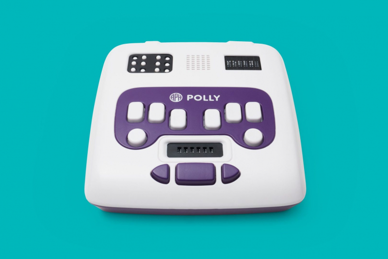 The Polly is shown. It is white and purple with black accents.