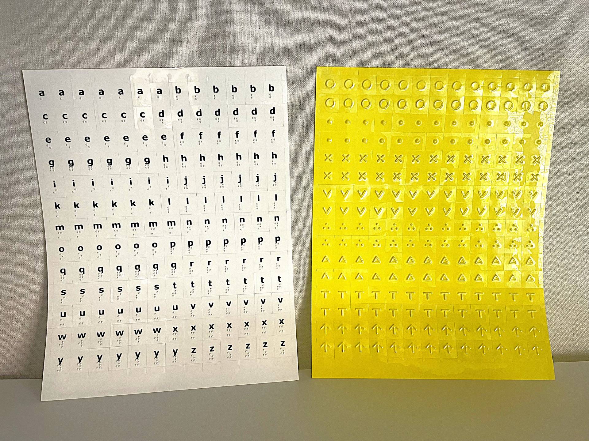 Full Sheet Braille Labels, one with letters and one with symbols