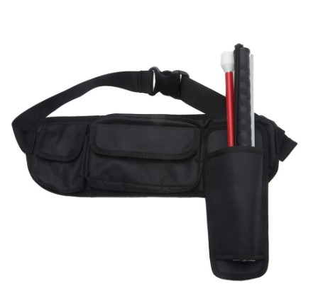 Belt pack with one large and one small pouch plus a holster for a foldable cane, adjustable nylon straps with plastic clip closure,