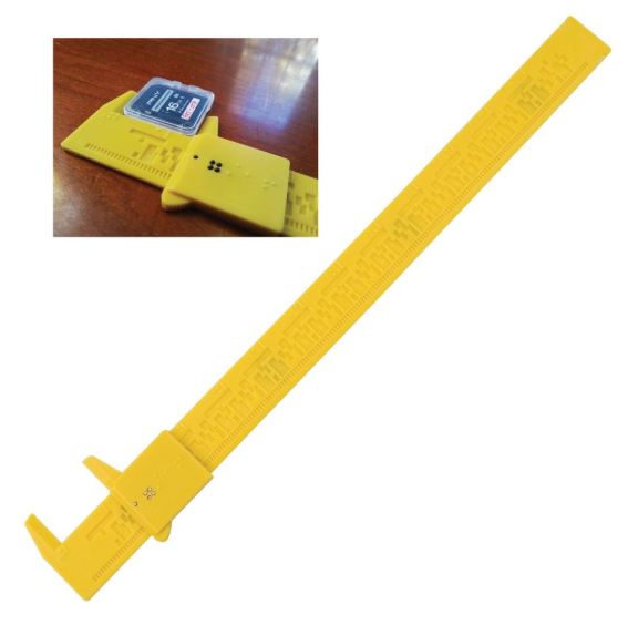 Braille Caliper, 12 inch plastic ruler with sliding holder, whole units are in braille on the main scale, fractions are on the sliding jaw