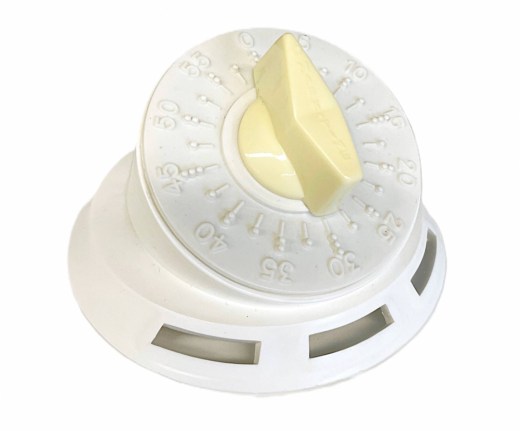 Standing timer with tactile numbers and dashes on the face and a large central dial