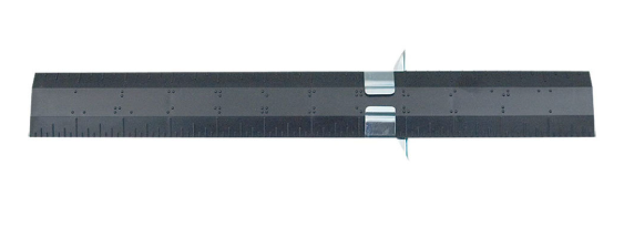 Braille Ruler with Metal Clip, 12 inch plastic ruler with braille numbers at each inch, fractions are marked by raised lines, metal clip slides along the ruler to aid in accurate measuring
