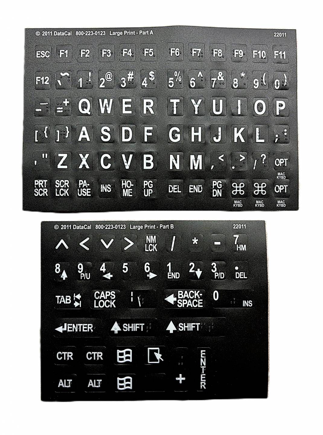 Keyboard labels, large print with braille, white lettering on black
