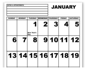 Jumbo Print Calendar, spiraled, 11 inches by 17 inches, month in top right corner, lined note section in top left corner, large numbered rectangles for each day