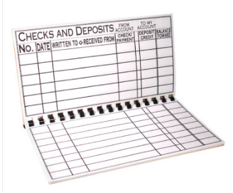 Giant Print Check Register, spiraled check register with wide rows and columns for check number, date, written to, check/payment, deposit/credit, and balance
