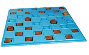 Checkers, plastic checkers board with divots for wooden round and square game pieces