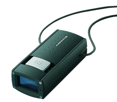Eschenbach 8x Slide Focus rectangle with slide button on top and lens on the end