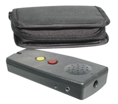 Rectangular device with two buttons and a speaker on the front, has a sensor on the top to identify colors.