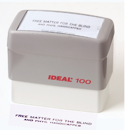"Free Matter" Self-Inking Stamp, stamp that displays "Free Matter for the Blind and Phys. Handicapped" push down to stamp