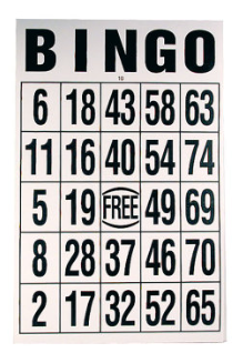 Giant Print Laminated Bingo Card, 11 inch by 17 inch laminated bingo sheet, large black print on white background