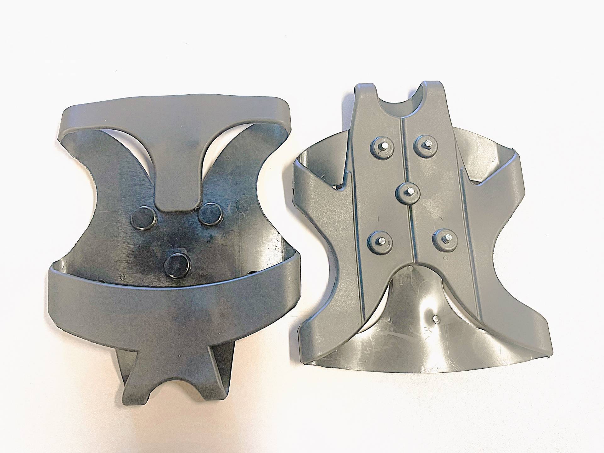 rubber treads that slip over shoes, blunt metal nubs on the bottom for traction