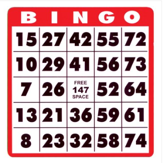 Low Vision Bingo Card, standard size bingo card with solid color background, and white face with large print black numbers