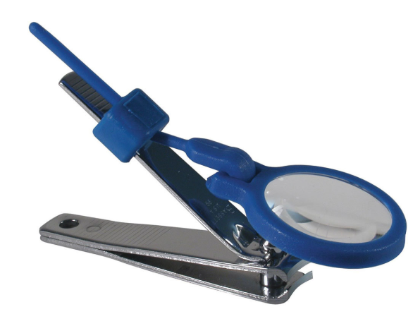 Magnified Nail Clipper, standard nail clipper with a small round magnifier attached to the lever