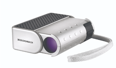 Eschenbach Microlux Telescope Silver square with rounded top and lens case that slides out, gray tactile grips on the side, sliding button on end