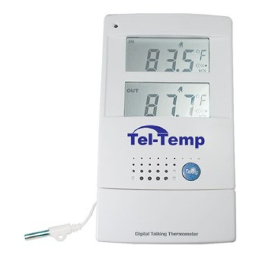 Therometer that uses a cable to connect a sensor outside, two display large displays, one for indoor temp and one for outdoor temp, large button for audio