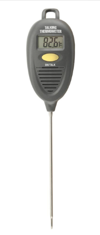 Cooking thermometer with long metal probe,plastic handle has large display and one large button
