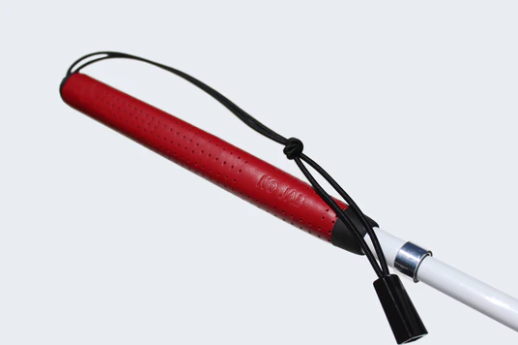 No Jab Cane, folding graphite white cane with leather handle with spring action for shock absorption