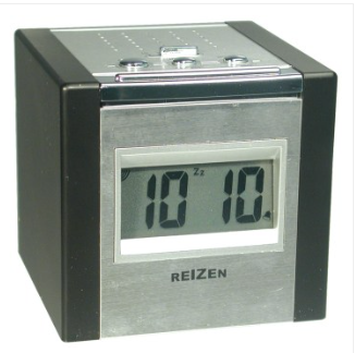 Reizen Talking LCD Alarm Cube, cube with large front display, large central button on front edge, three smaller buttons on top