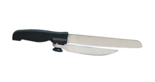 Right Handed Knife, Large plastic handle, long serrated blade, smaller guide on the right side of the blade