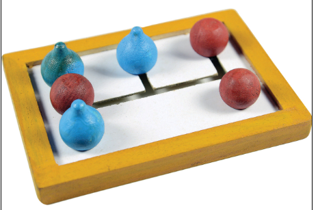 Tactile Sliding Puzzle Game, small square with 6 attached moving pieces in two different shapes and colors. move the pieces around the board to group each of the shapes and colors together
