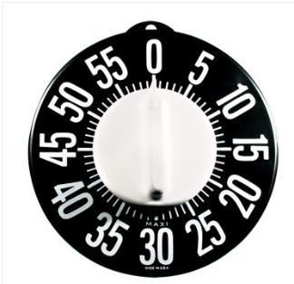 Tactile Low Vision Timer, large round timer with raised white numbers on a black background and a center dial