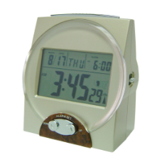Talking Atomic Clock, tapered at the top and flat on the bottom, large front display with two buttons below, large button on the top