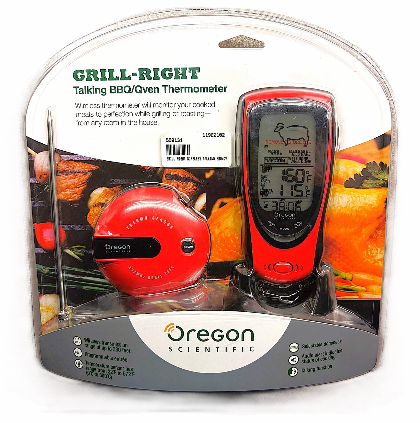 Talking barbeque and oven thermometer, large LCD screen with wireless probe