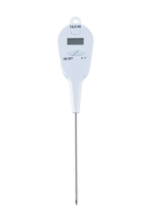 Talking Cooking Thermometer, metal probe that inserts into food, handle at the top has a digital display and one button