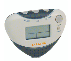 Talking Pedometer, heart shaped, central display with large "talk" button and smaller "clear" button on the front, three buttons for mode, up, and down on the top.