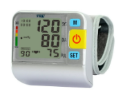 Talking Wrist Blood Pressure Monitor, large digital display with 3 buttons on the side attached to a velcro sling that wraps around the wrist