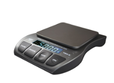 Talking Kitchen Scale, large square scale surface with large digital display and four large buttons on the front