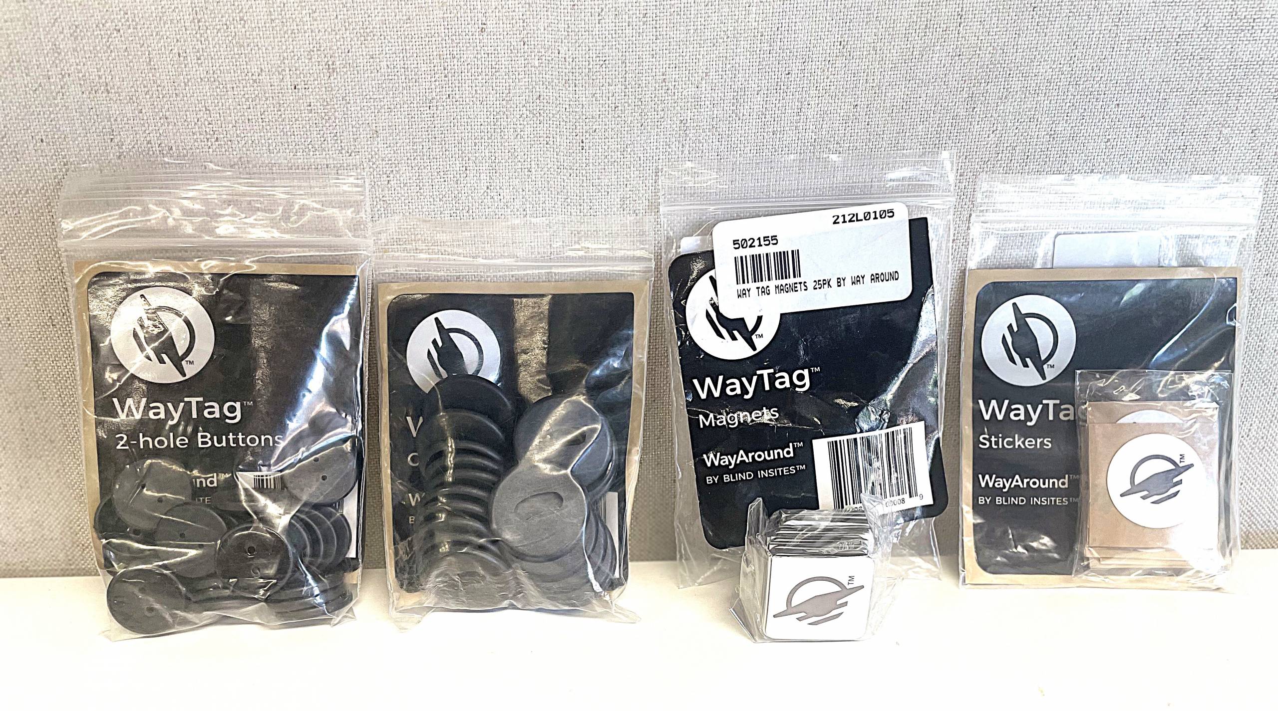 WayTag 2-hole buttons, WayTag oval buttons, WayTag magnets, WayTag stickers