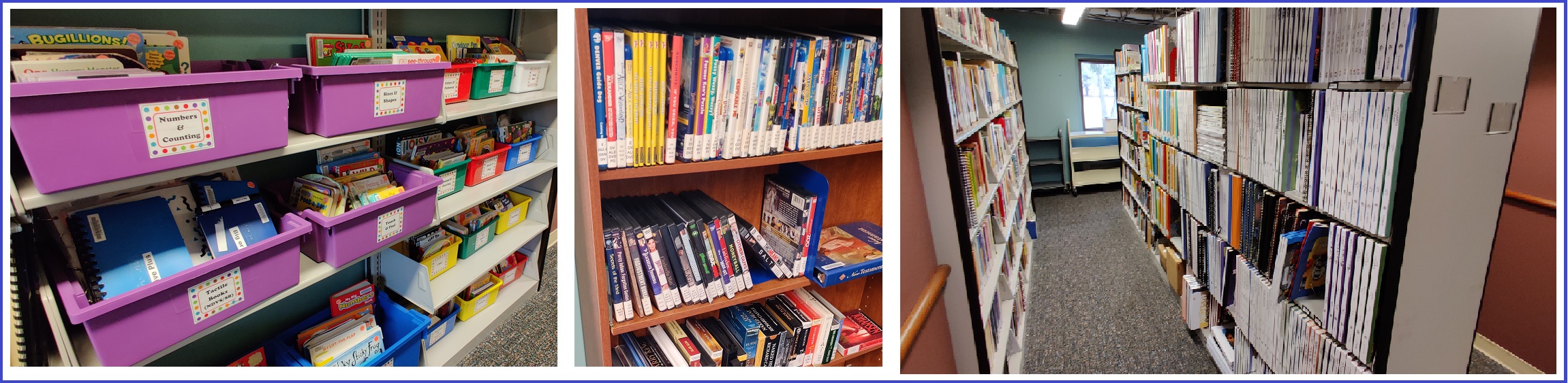 3 Images The first is shelving of kids books.  Second is rows of Audio Books and Descriptive DVD's and the Third is Rows of Braille Books in the library. 