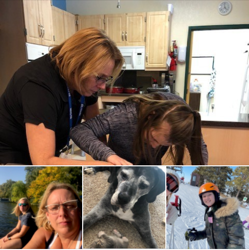 Margo in four images.  First image she is helping a student guide her hand to an object.  The second she is with her daughter by a lake of water.  The next is her very large Great Dane looking at a small kitten on the floor.  The final is her with student on a sky hill.