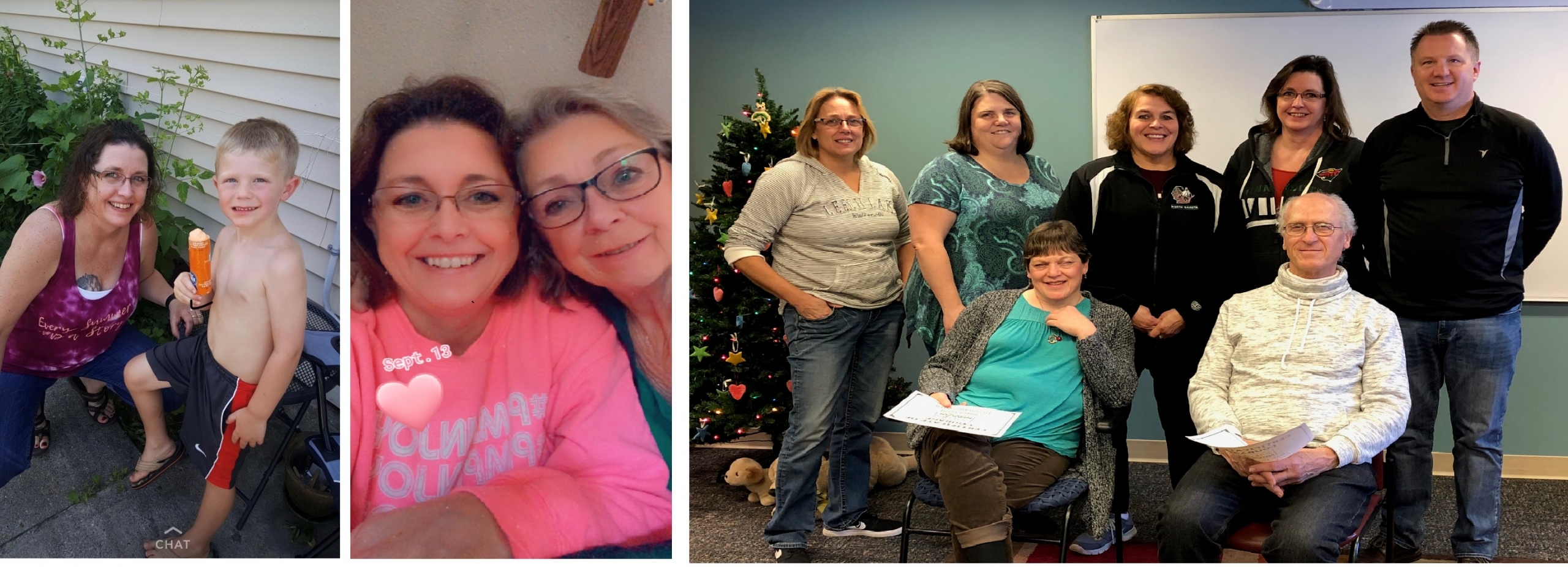 Pam in three pictures.  The first picture she is in a picture with her grand son.  The second image she is in a close up image with her mother.  The third image she is in the back row, second from left with other NDVS/SB adult team members and two clients during a short-term program. 