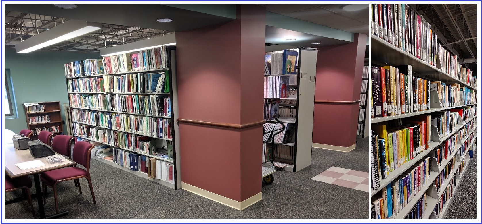 2 Images One of the rows of books in the library the other is a close up of the books in shelving.