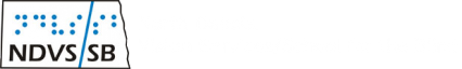 ND VS/SB Logo State of North Dakota Shape outlined in black with a white background.  Blue braille letters are above each letter with the text NDVS/SB.  To the right of the image is North Dakota Vision Services/School for the Blind