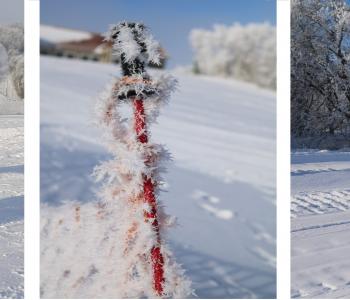 Three images from the Winter Jam ski trip. The first picture is a Ski Instructor assisting a student ski down a incline of snow.  The second picture is a ski pole stuck into the ground covered with morning frost crystals and large snow flakes. The third picture is the entire group sliding down the snow slope all connected with snow tubes excitement and smiles!